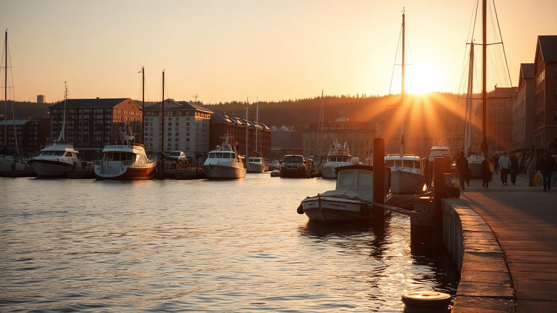 Halifax harbour waterfront at golden hour, editorial-warm amber-gold tones
