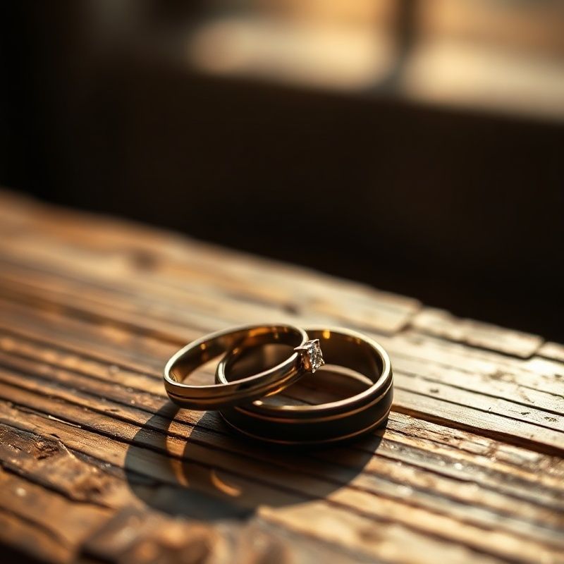 Close-up of wedding rings on aged timber